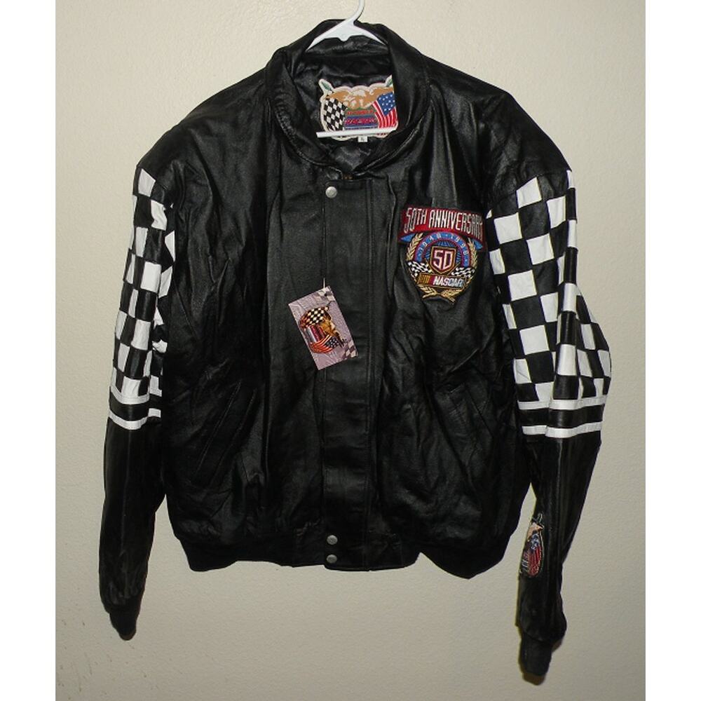 Vtg NASCAR Jeff Hamilton Racing XL Zip Leather Bomber Jacket Black NWT 50th Ann.